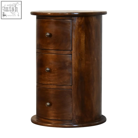 A cylindrical 3-drawer chestnut drum storage bench in rich dark brown solid mango wood with silver knobs