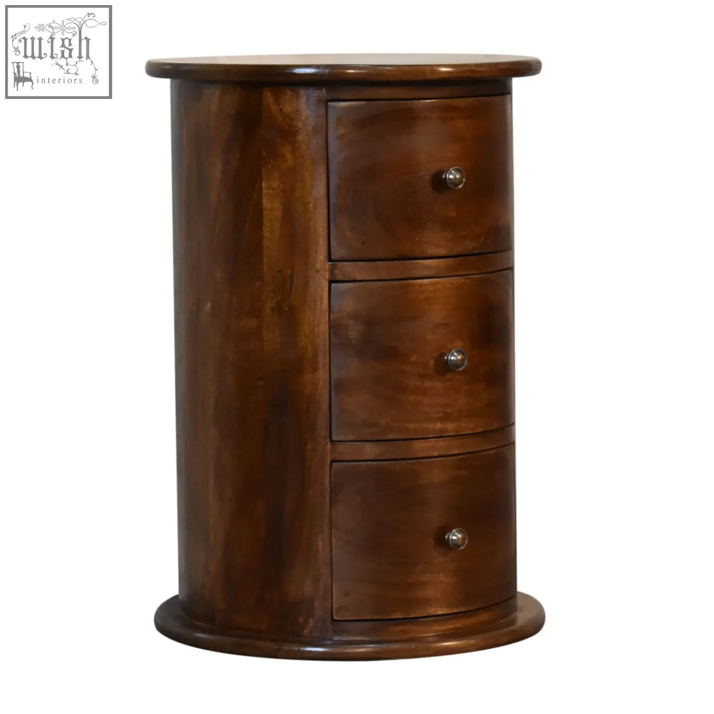 Dark brown chestnut drum nightstand with three curved drawers and silver knobs made of solid mango wood