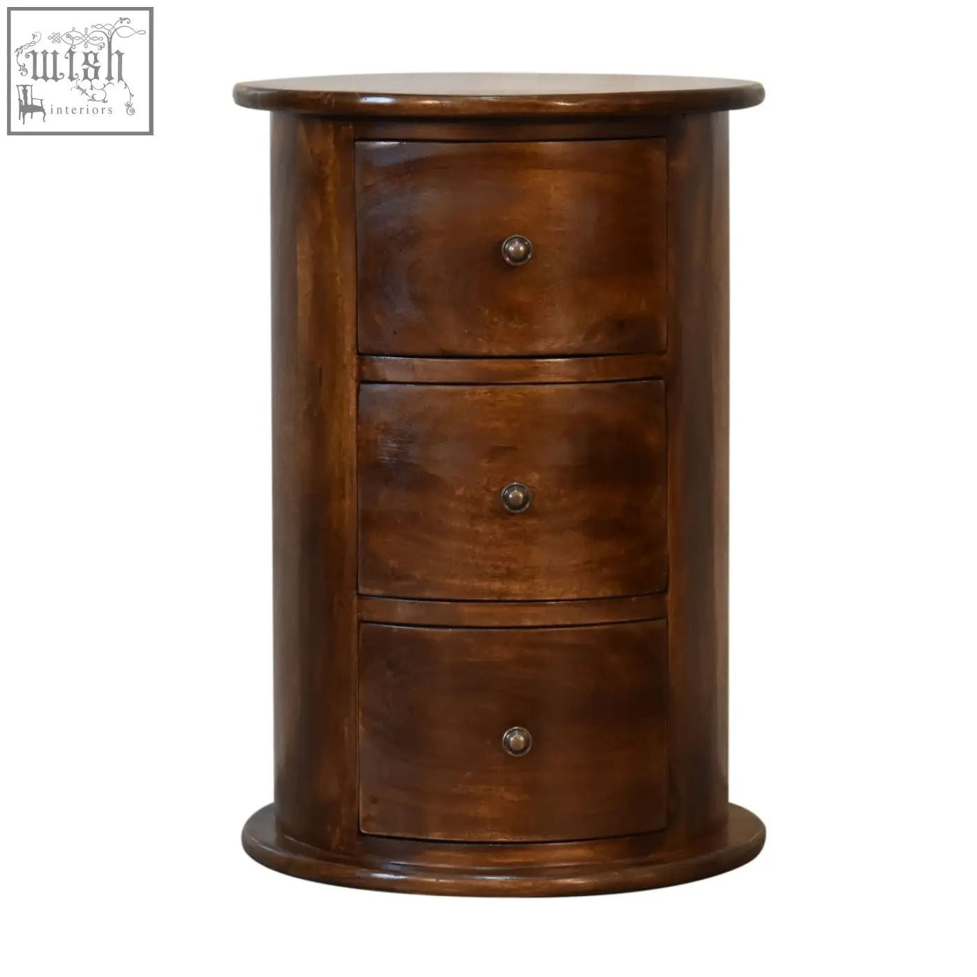 Dark brown chestnut drum nightstand with three drawers and round metal knobs made of solid mango wood