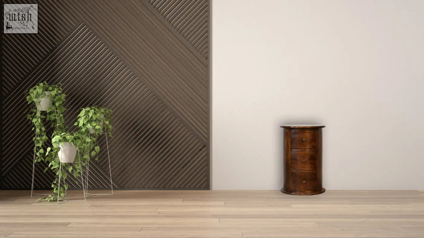 Dark wood chestnut drum 3-drawer chest made of solid mango wood with rounded top for storage bench use