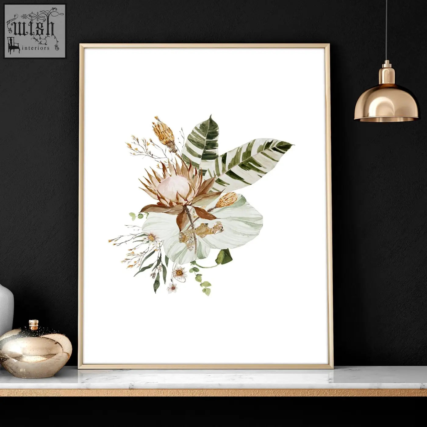 A framed wall art print of a white and gold floral watercolor bouquet in a slim metallic frame for bedroom decor
