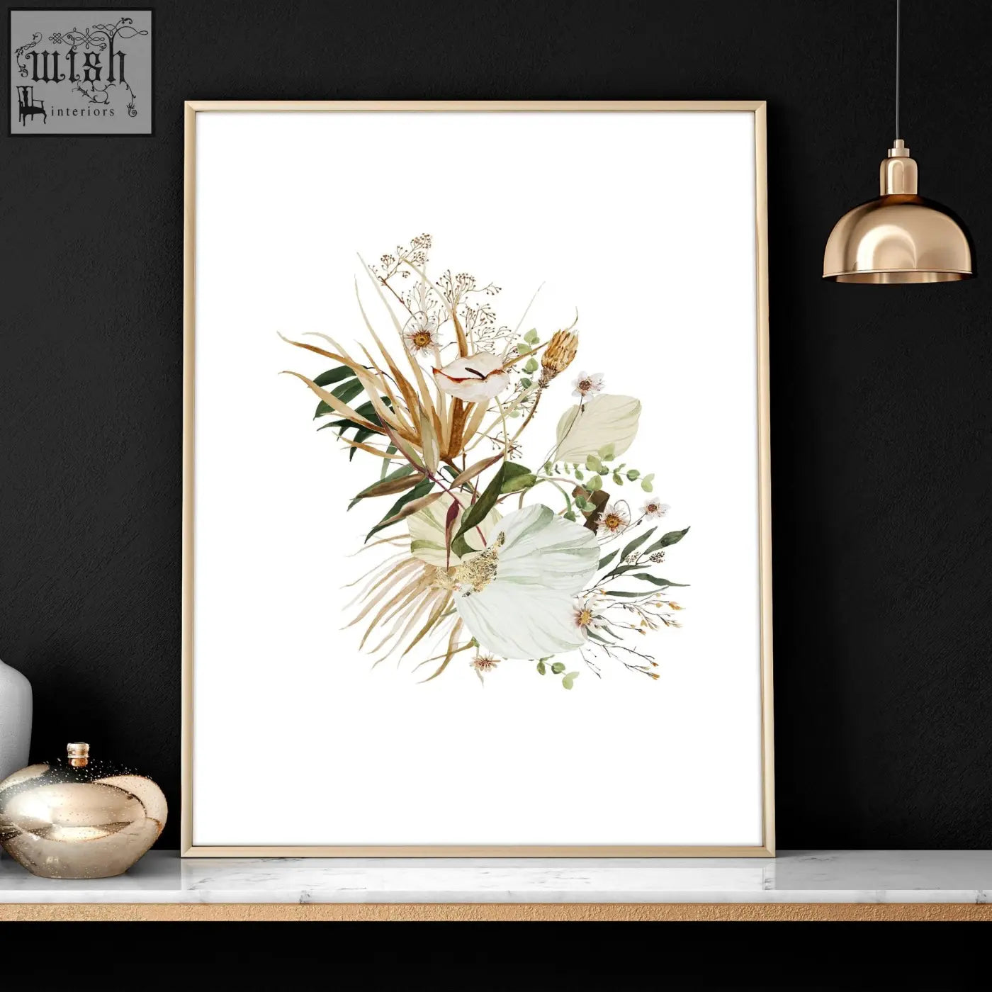 A set of 3 framed wall art prints featuring botanical watercolor illustrations of fresh and dried flowers in soft colors
