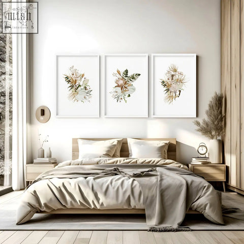 Set of 3 framed wall art with delicate watercolor dried flowers in white frames perfect as wall art above bed