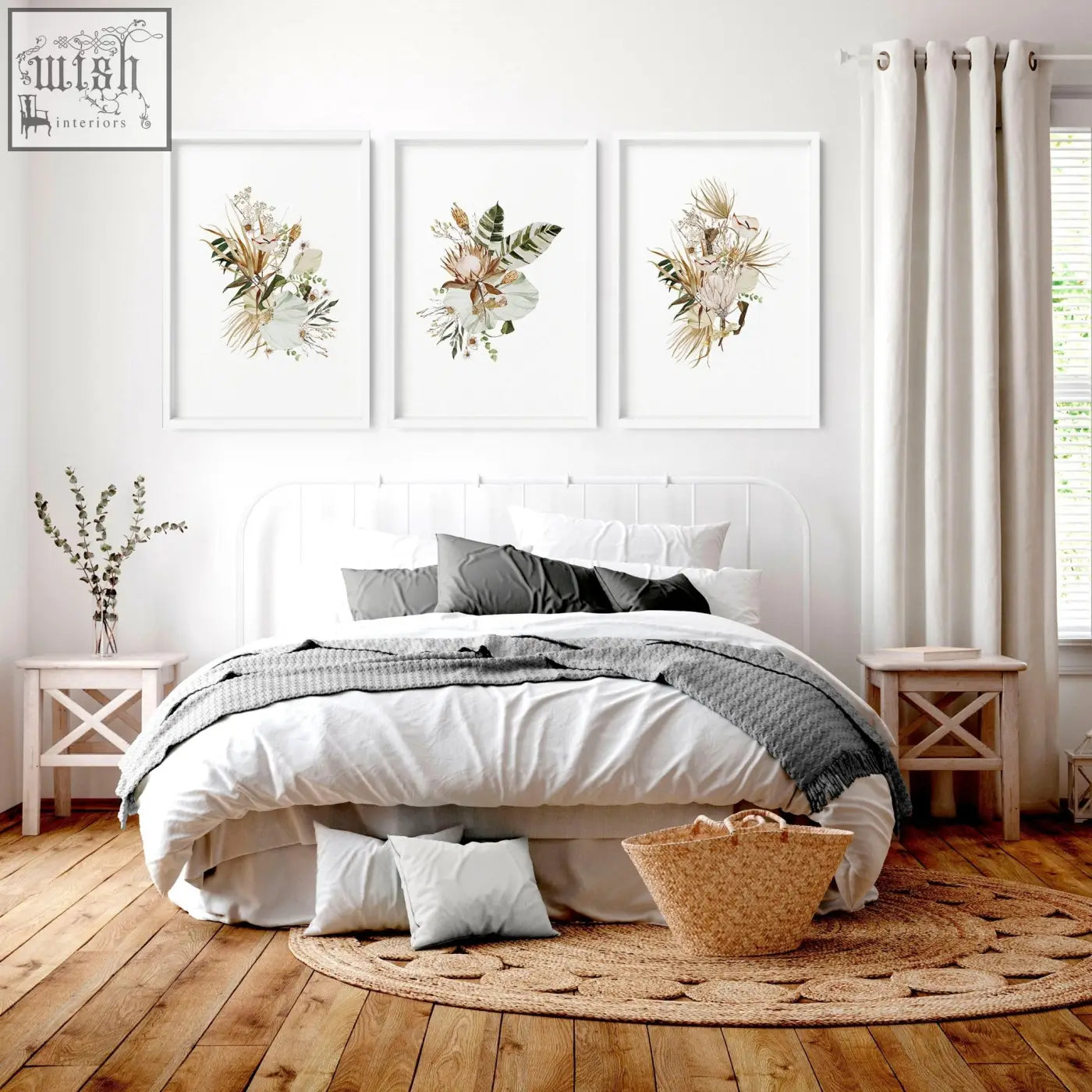 Woven natural fiber basket with handle shown with 3 pictures above bed framed wall art for cozy decor
