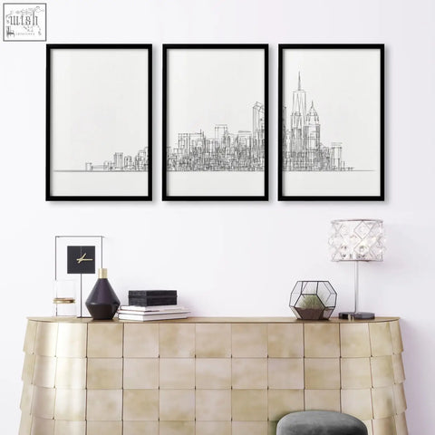 Three black-framed minimalist new york skyline line art wall art prints perfect for living room wall art prints display