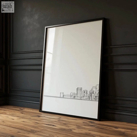 Black-framed minimalist new york skyline wall art prints with delicate black line drawings for living room decor