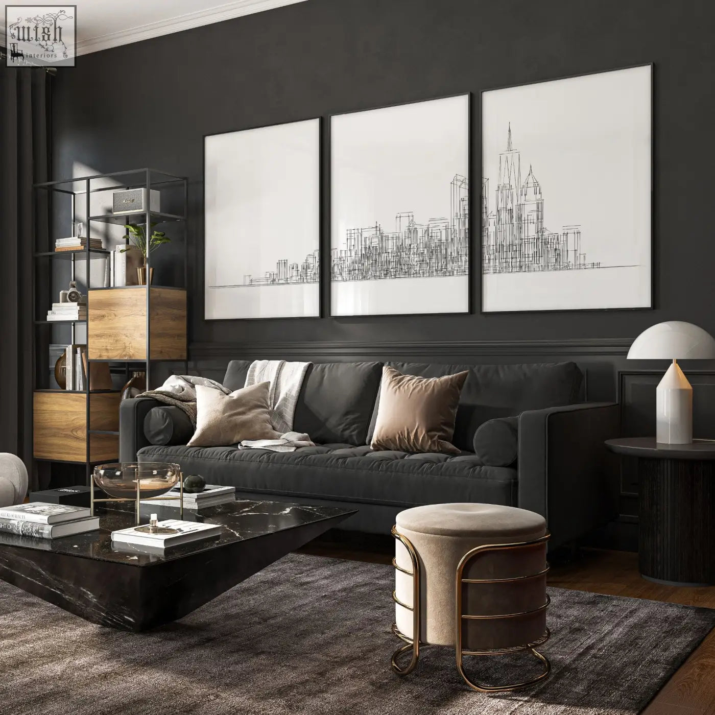 Dark gray velvet sofa with plush cushions and modern minimalist design in living room with new york skyline wall art prints