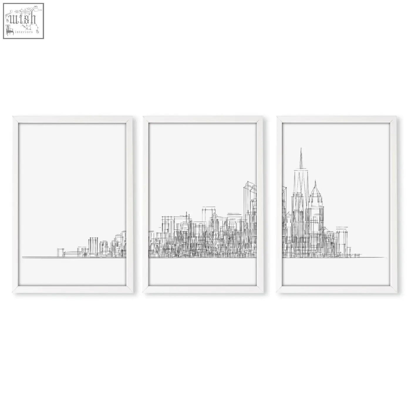 Set of three black and white new york skyline line art wall art prints in white frames for living room decoration