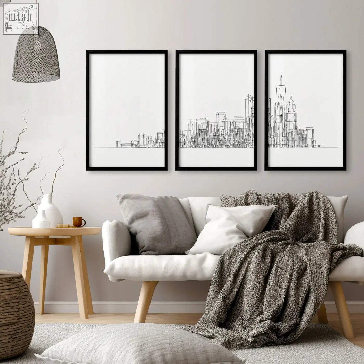 Three black-framed minimalist line art cityscape wall art prints for living room inspired by new york skyline