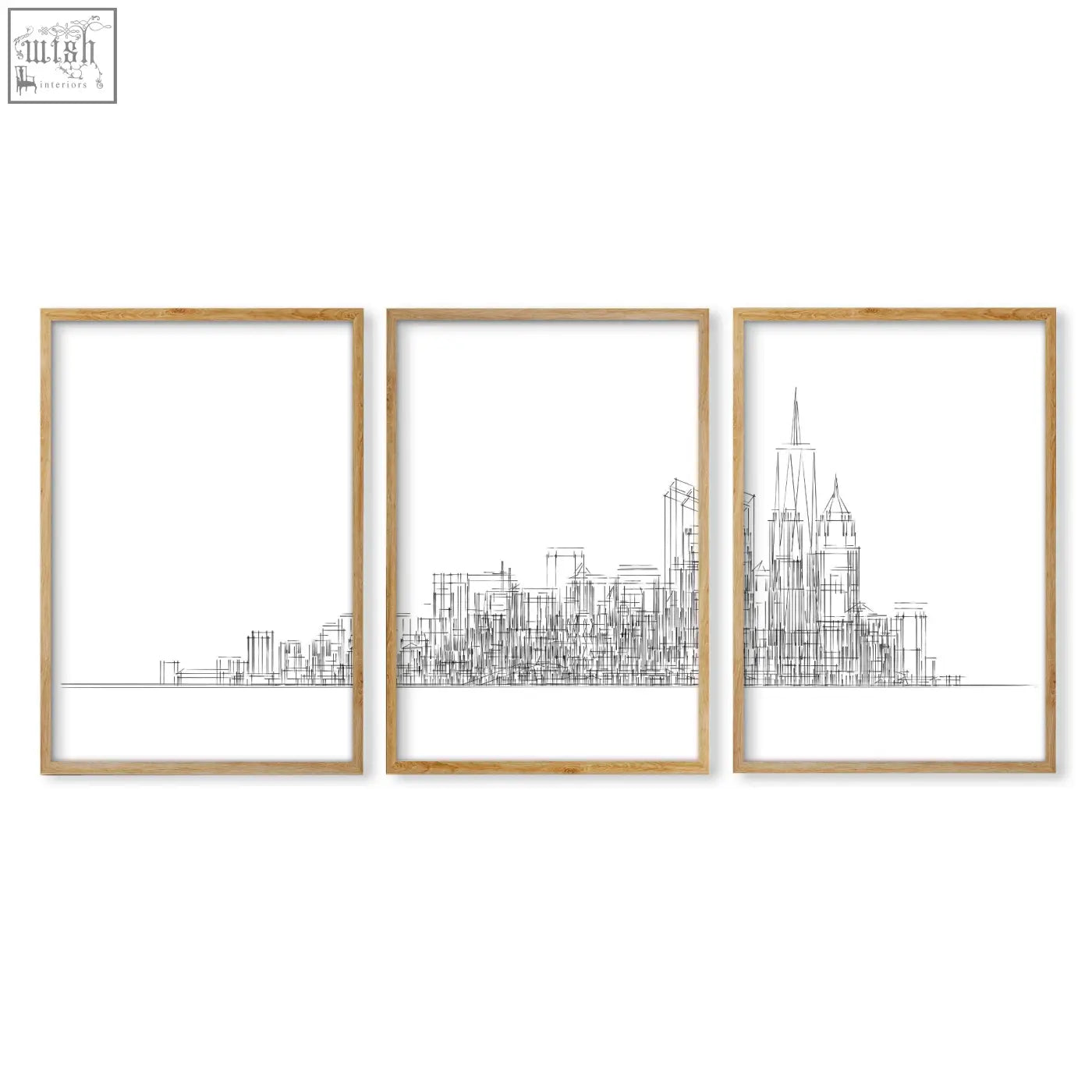 Three framed minimalist new york skyline wall art prints in light wood for living room decor with black line art