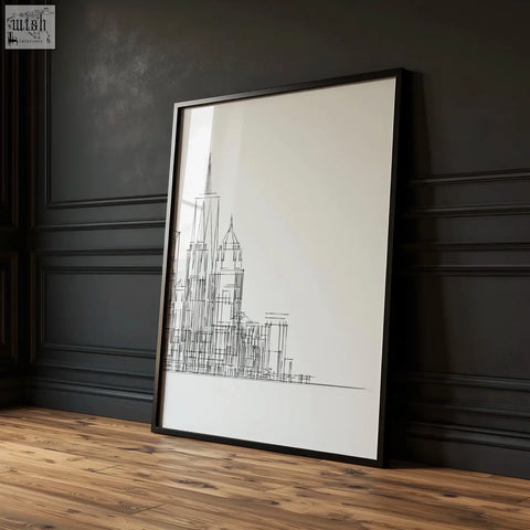Black-framed minimalist line art print of new york skyline on white paper perfect wall art prints for living room