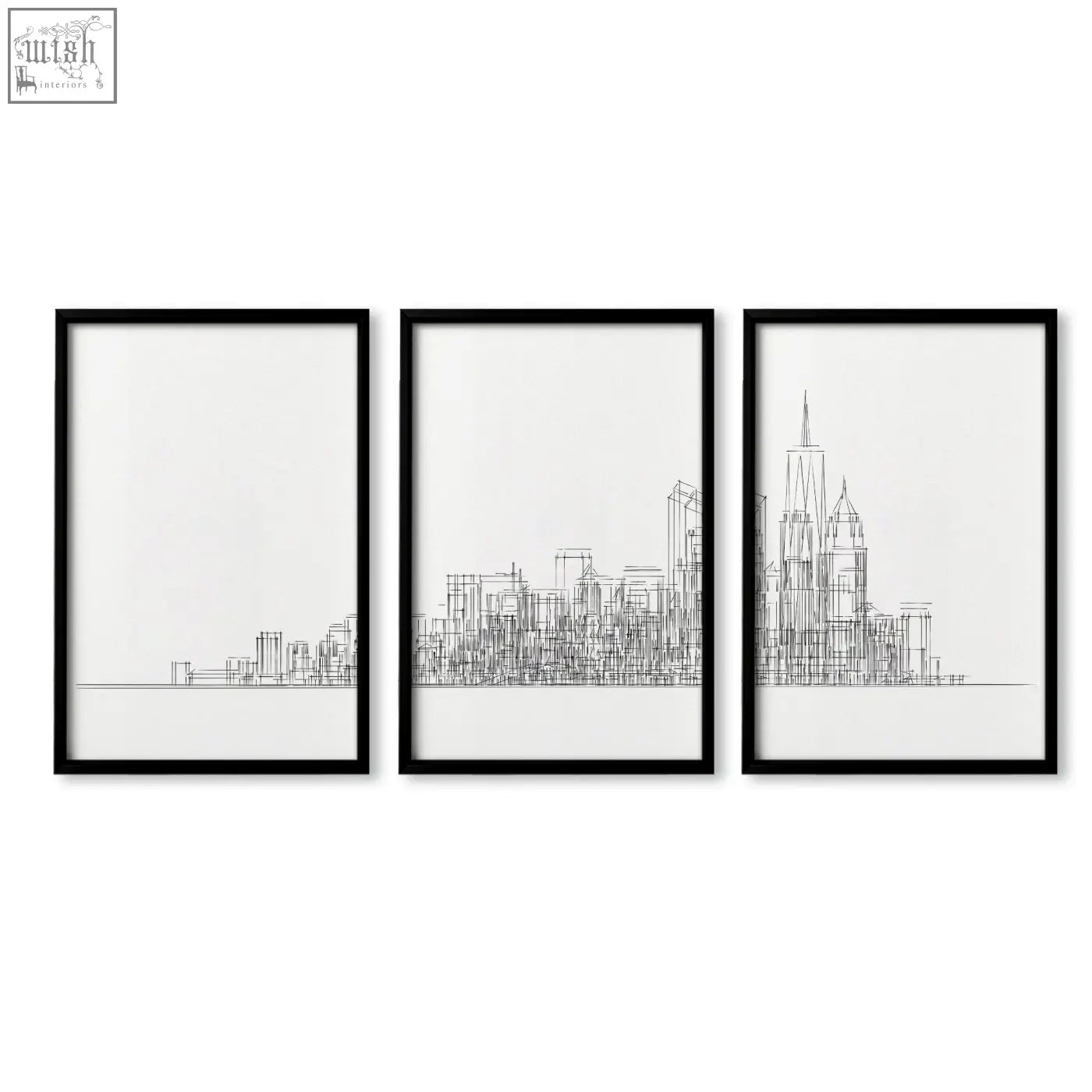 Three black-framed new york skyline line art wall art prints with minimalist white backgrounds for living room decor