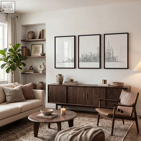 Dark wood sideboard with sleek metal handles minimalist design holding books vases and decorative items for living room wall art prints