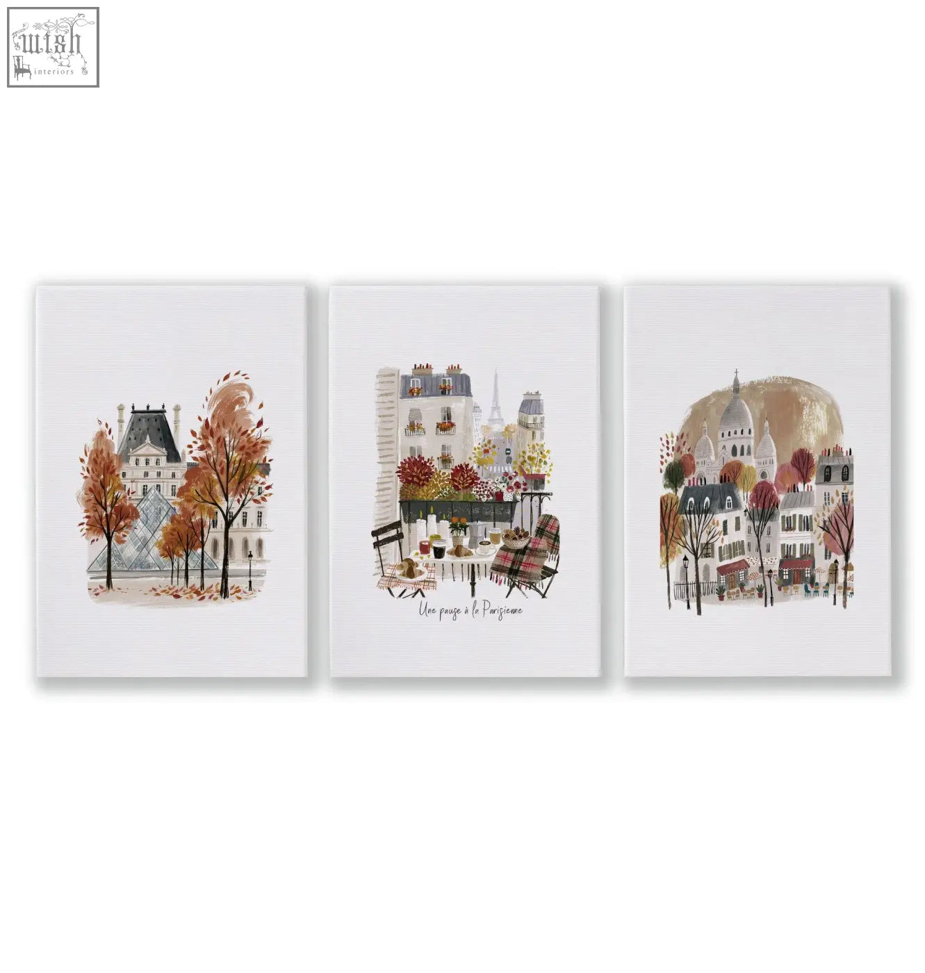 Set of three watercolor parisian cityscape art prints on white canvas featuring eiffel tower perfect for dining room decor
