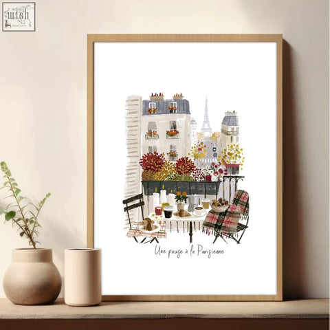 A framed art print of a parisian balcony with colorful flowers and the eiffel tower, perfect for dining room decor
