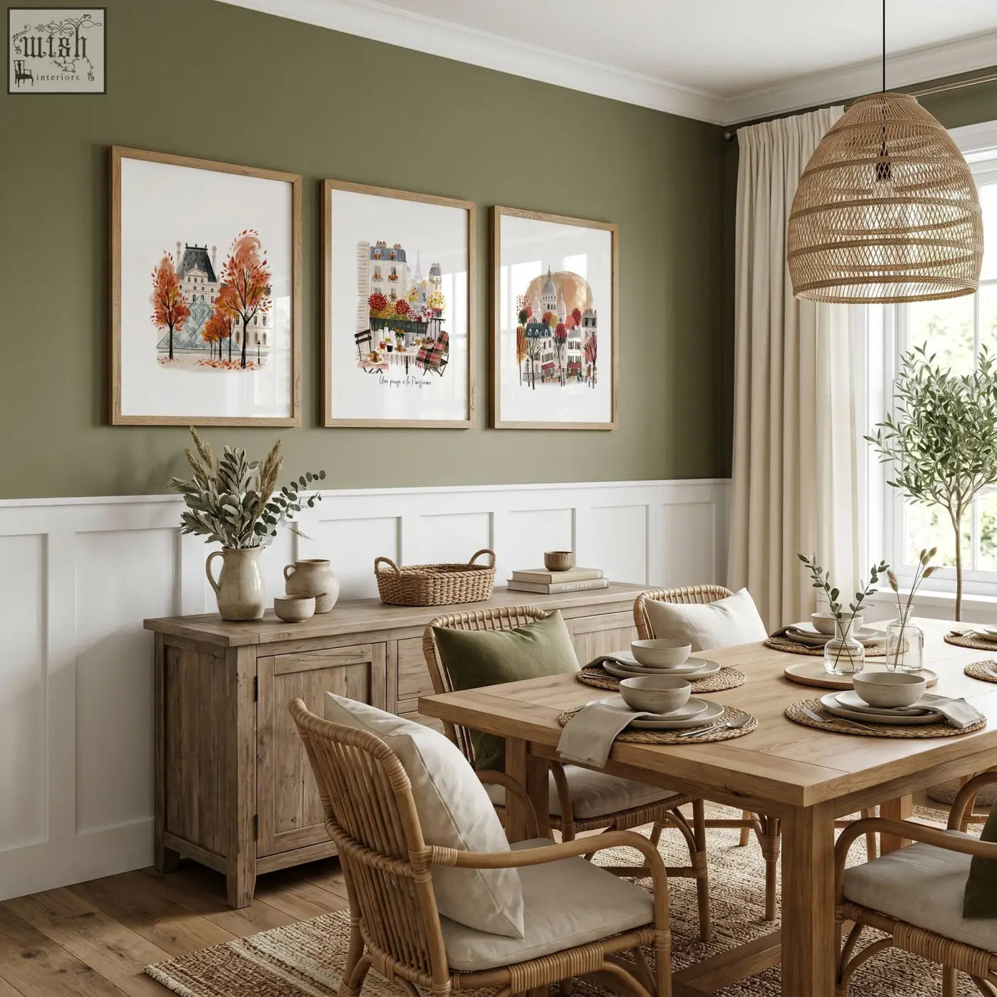Woven rattan pendant light with natural textured finish above art prints featuring eiffel tower for dining room decor