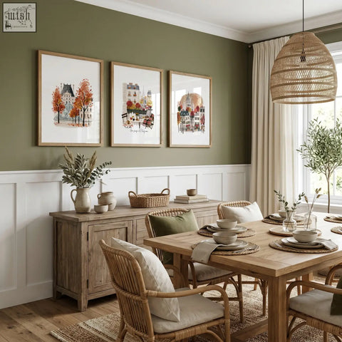 Woven rattan pendant light with natural textured finish above art prints featuring eiffel tower for dining room decor