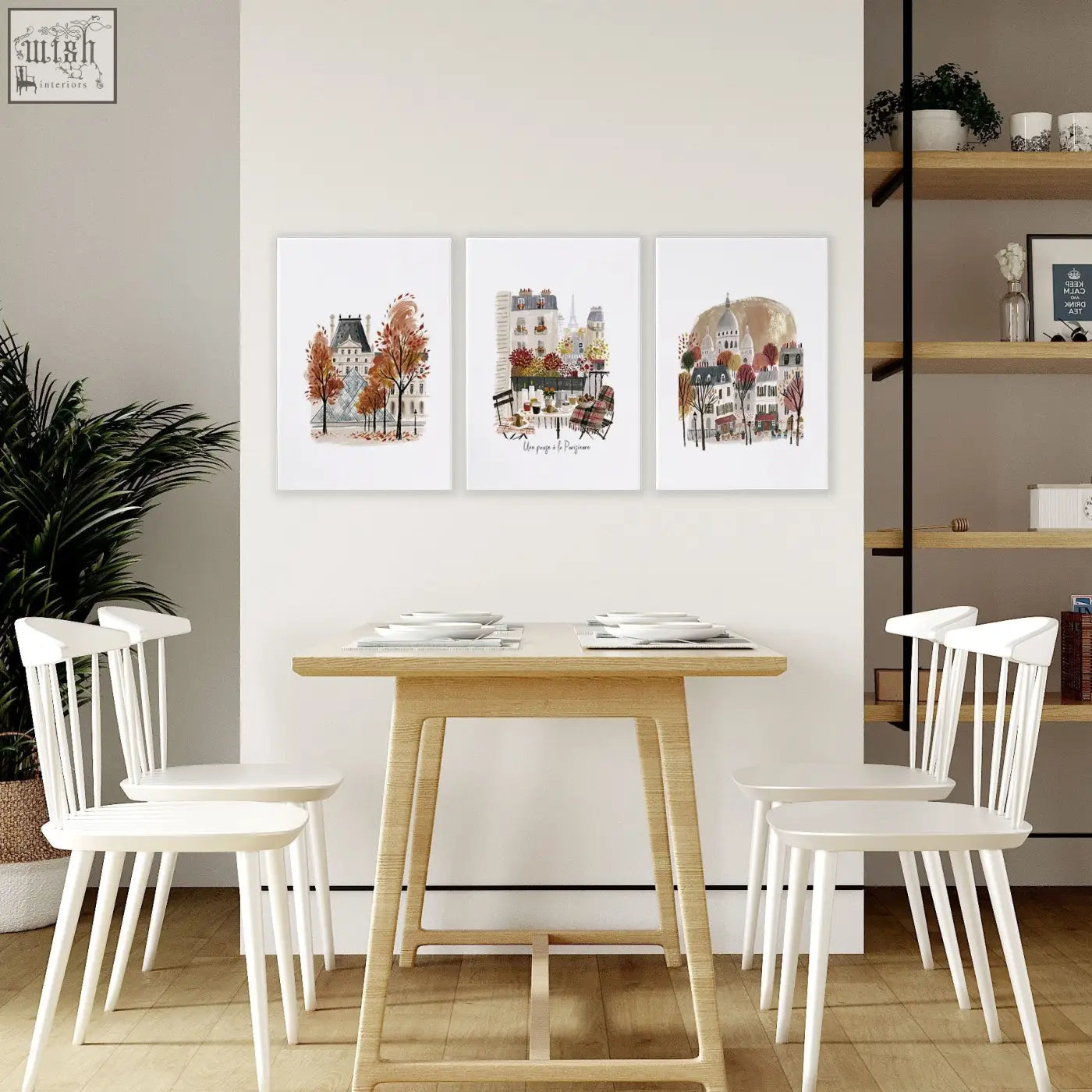 Set of three framed white art prints featuring autumn paris cityscape with eiffel tower for dining room decor