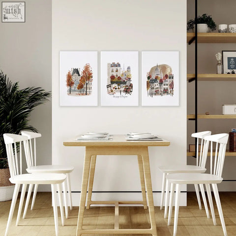 Set of three framed white art prints featuring autumn paris cityscape with eiffel tower for dining room decor