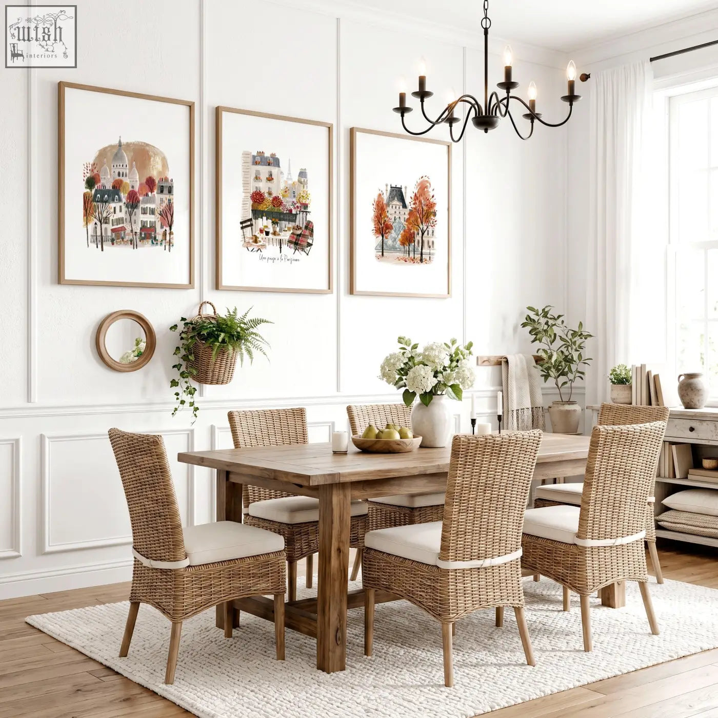Woven wicker dining chairs with cream cushioned seats in dining room featuring eiffel tower art prints set of 3