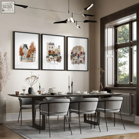 Three black framed art prints featuring autumn paris cityscape with eiffel tower ideal for dining room decor