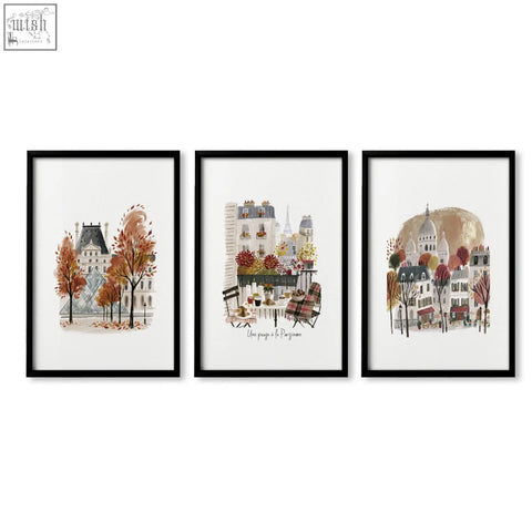 Set of three black-framed watercolor art prints showing autumn paris scenes with eiffel tower for dining room decor