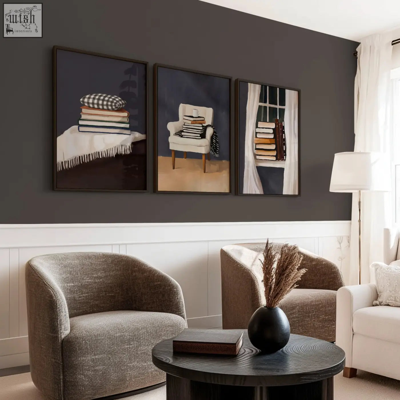 Black ceramic vase with dried grass in moody grey tones as part of bohemian 3 piece wall art framed set