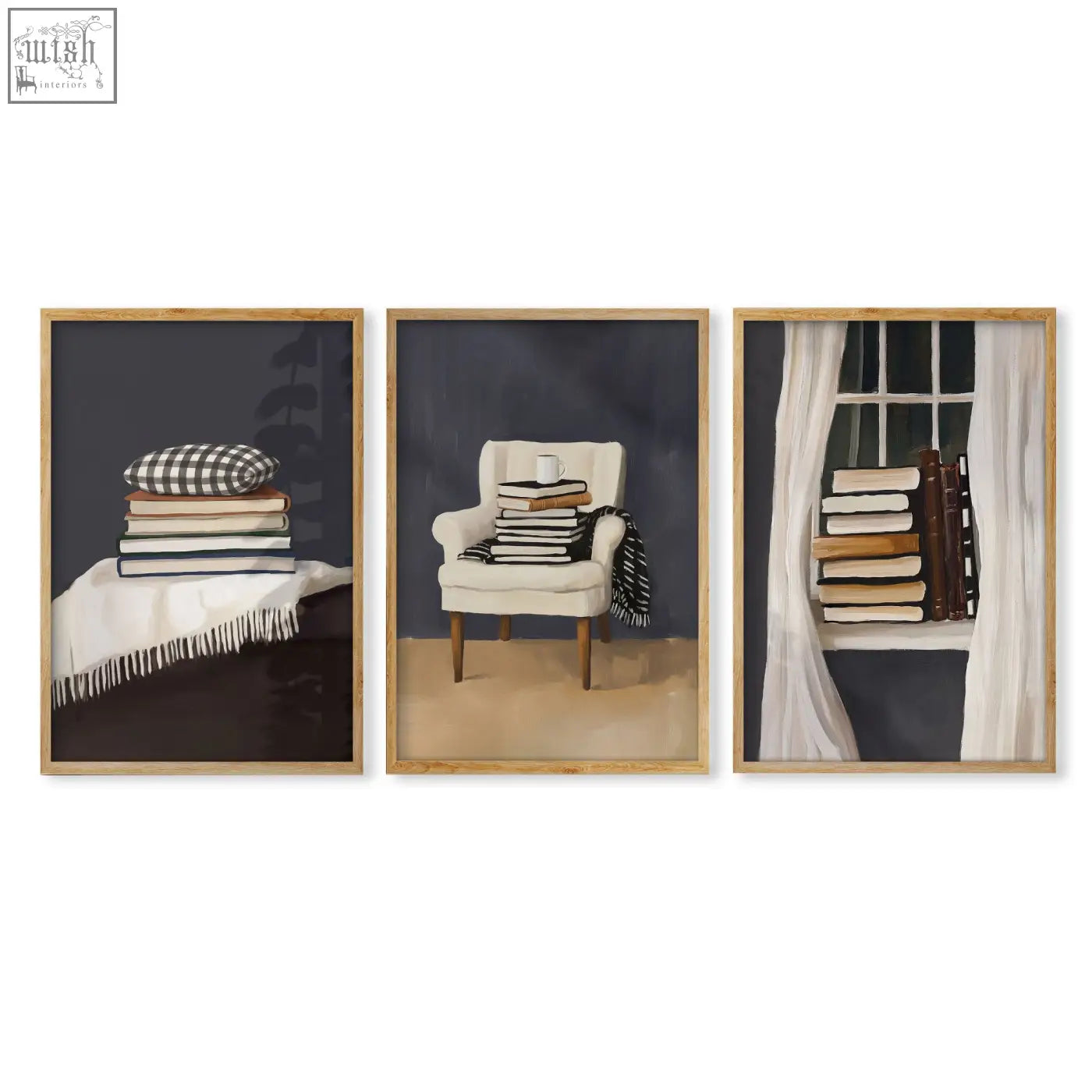 Set of three wall art framed with cozy bohemian book lover scenes in moody grey tones and wooden frames