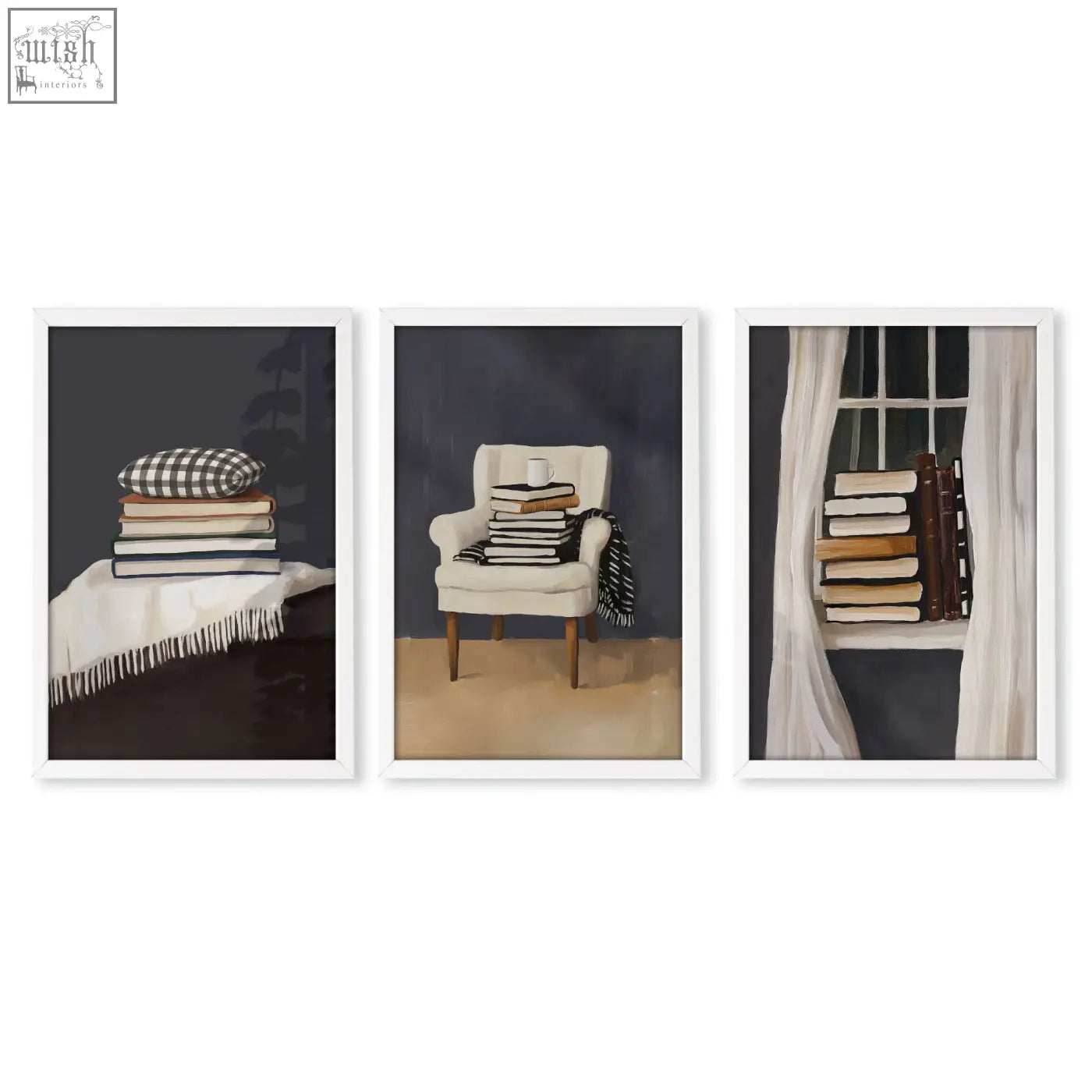Set of three wall art framed prints with cozy bohemian book lover scenes in moody grey tones for reading nooks