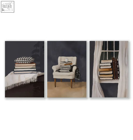 Set of 3 wall art framed prints featuring minimalist bohemian book lover still life in moody grey tones