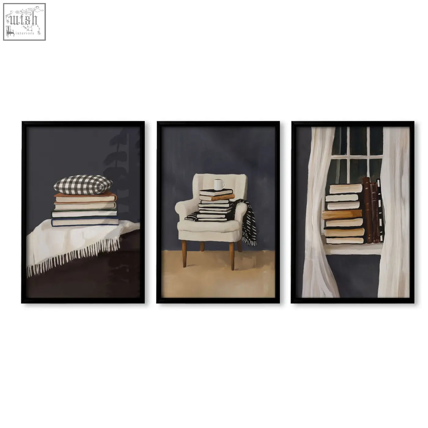 Set of three black-framed wall art prints featuring bohemian book lover still life scenes in moody grey tones