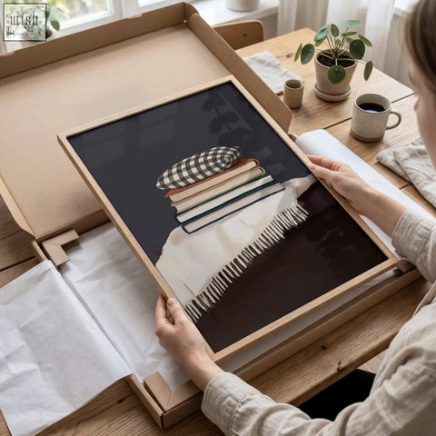 A minimalist piece wall art framed in light wood showing a stack of books and checkered pillow in moody grey tones