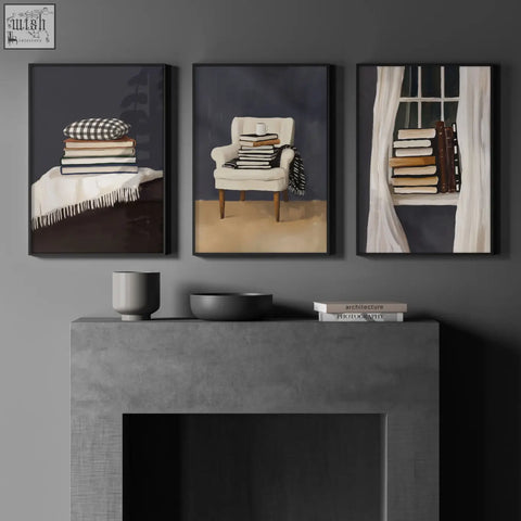 Three piece wall art framed with cozy bohemian book lover still life prints in moody grey tones above fireplace mantel