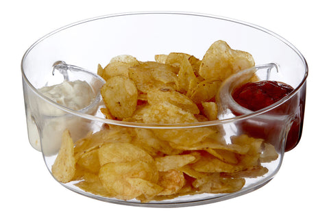 Clear glass 3 section curved sided serving dish with built-in compartments holding chips and dipping sauces
