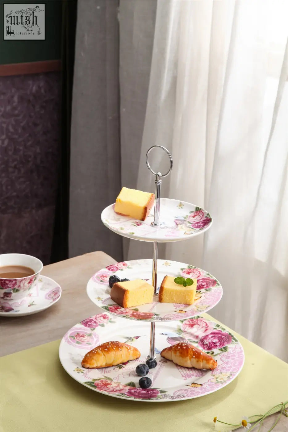 Three-tiered porcelain cake stand with lilac lavender rose floral design perfect as tiered cake stands gift box