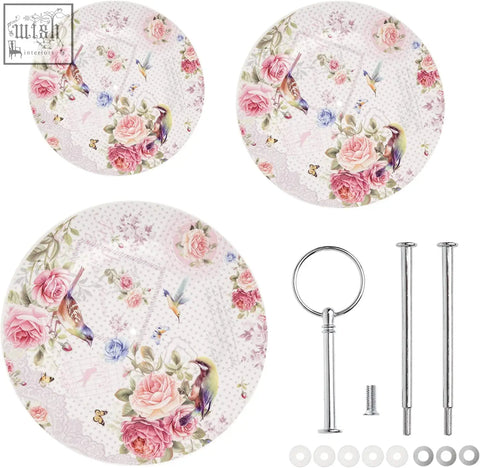Set of three round porcelain floral dessert plates with pink roses birds and butterflies for tiered cake stands