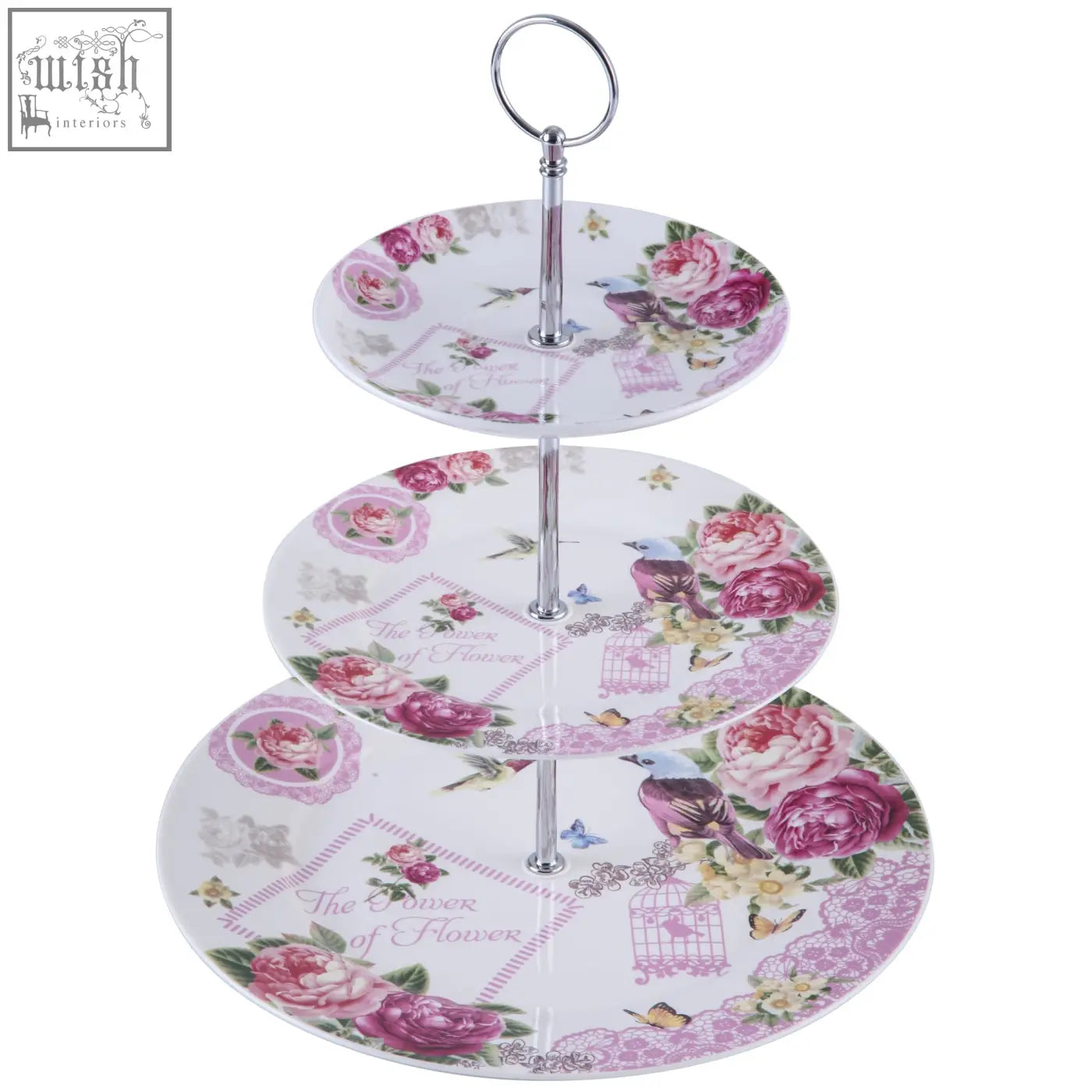 Three tiered porcelain cake stands with lilac lavender rose bird butterfly design on white plates with silver pole
