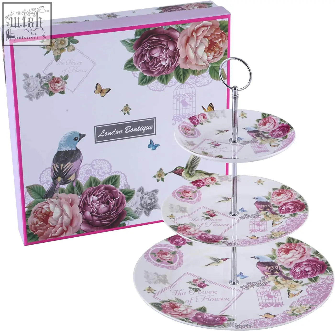 Three tiered cake stand with lilac lavender rose floral porcelain plates and silver metal frame perfect for cake stands