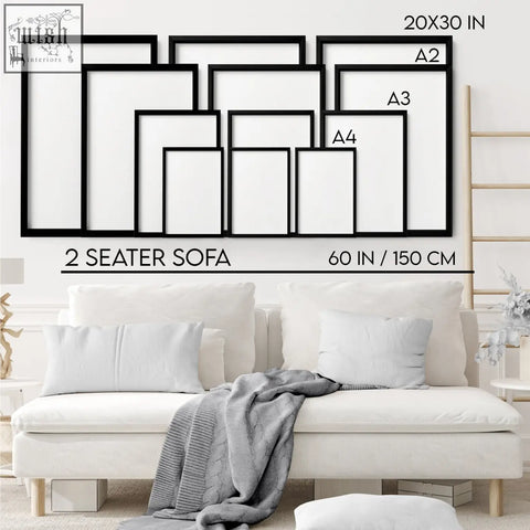 Set of black-framed picture frames in a2 a3 and a4 sizes perfect for a contemporary wall art set display
