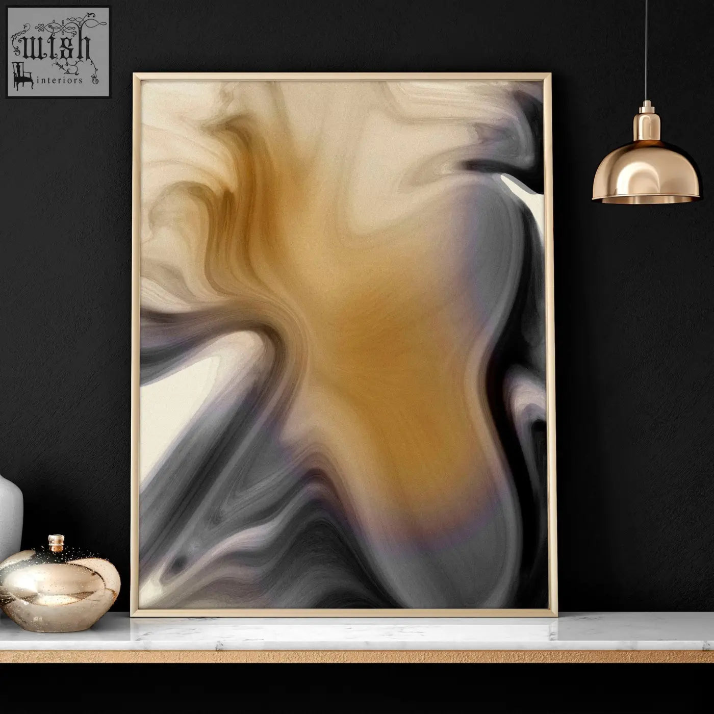 A modern abstract wall art set with swirling gold gray and black gradients in sleek metallic frames for contemporary decor