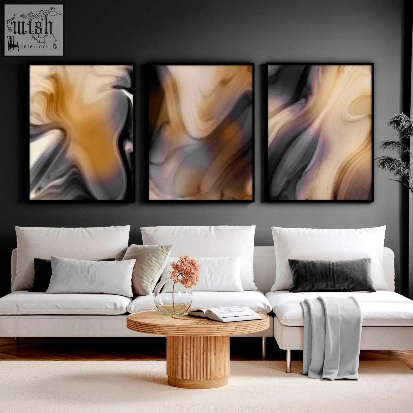 Three framed abstract wall art set with swirling beige gray and muted gold patterns for contemporary decor
