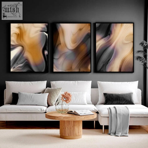 Three framed abstract wall art set with swirling beige gray and muted gold patterns for contemporary decor