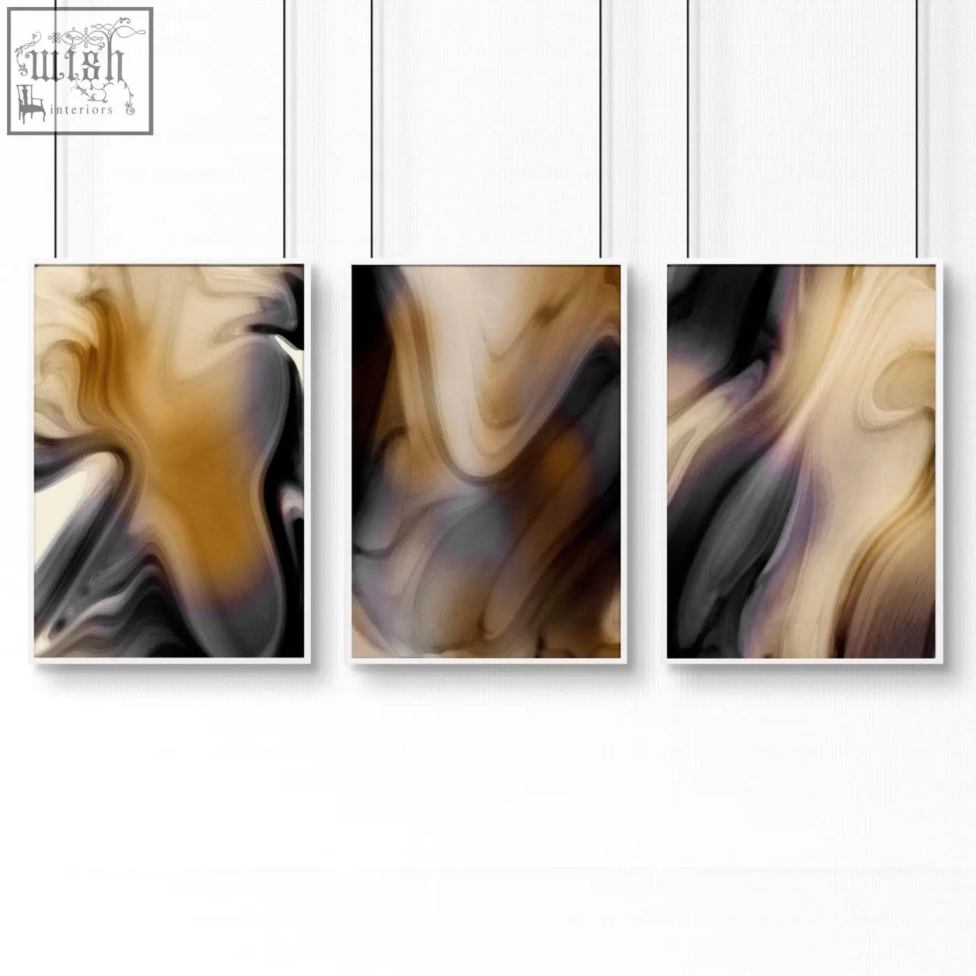 Set of three contemporary wall art prints with flowing swirls in warm browns blacks and creams in white frames