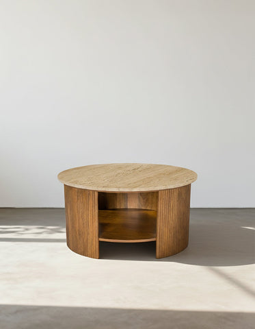 Schaefer Round Coffee Table With Storage, Travertine