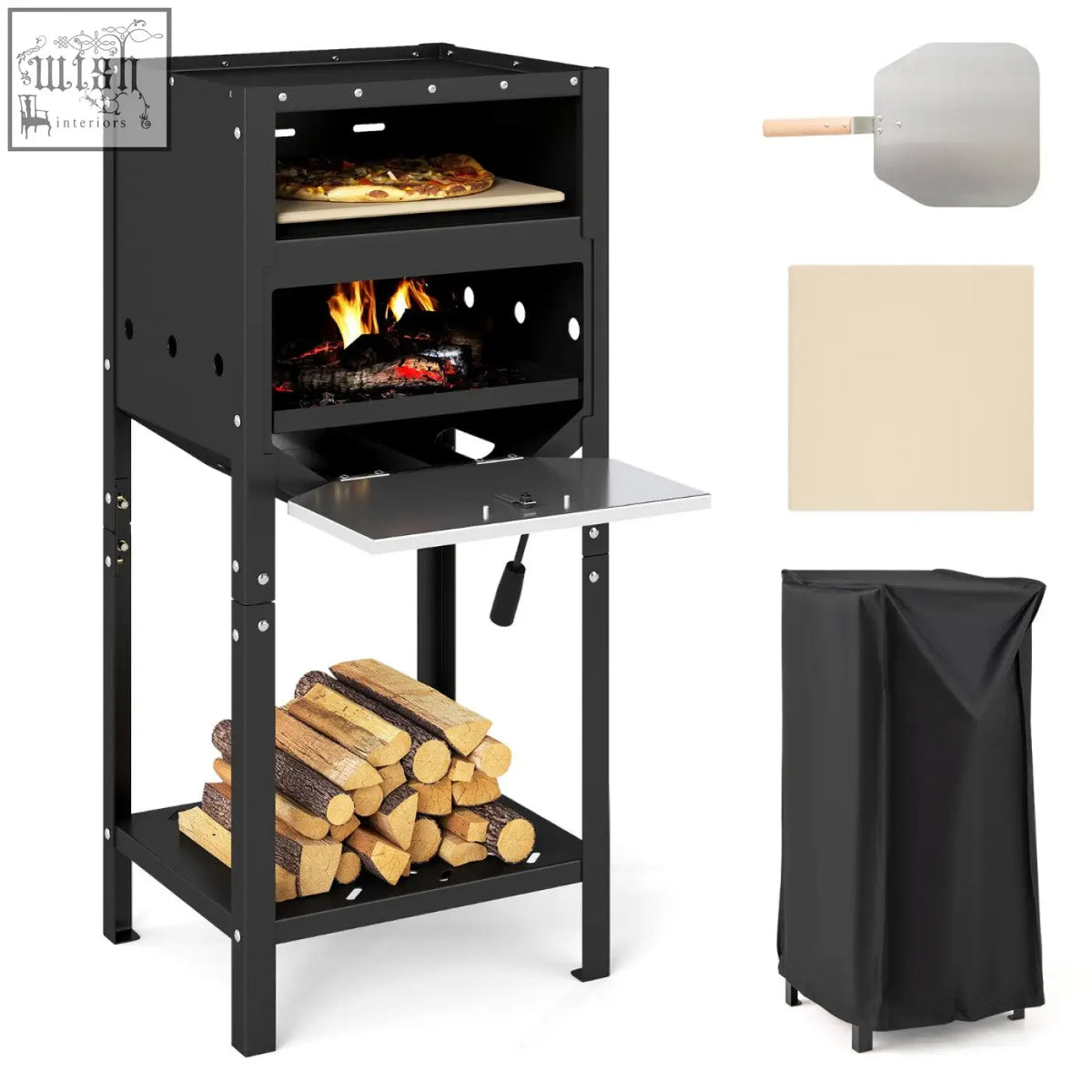 Black steel outdoor pizza oven with wood fire, upper baking compartment, lower log shelf, and oxford cloth cover