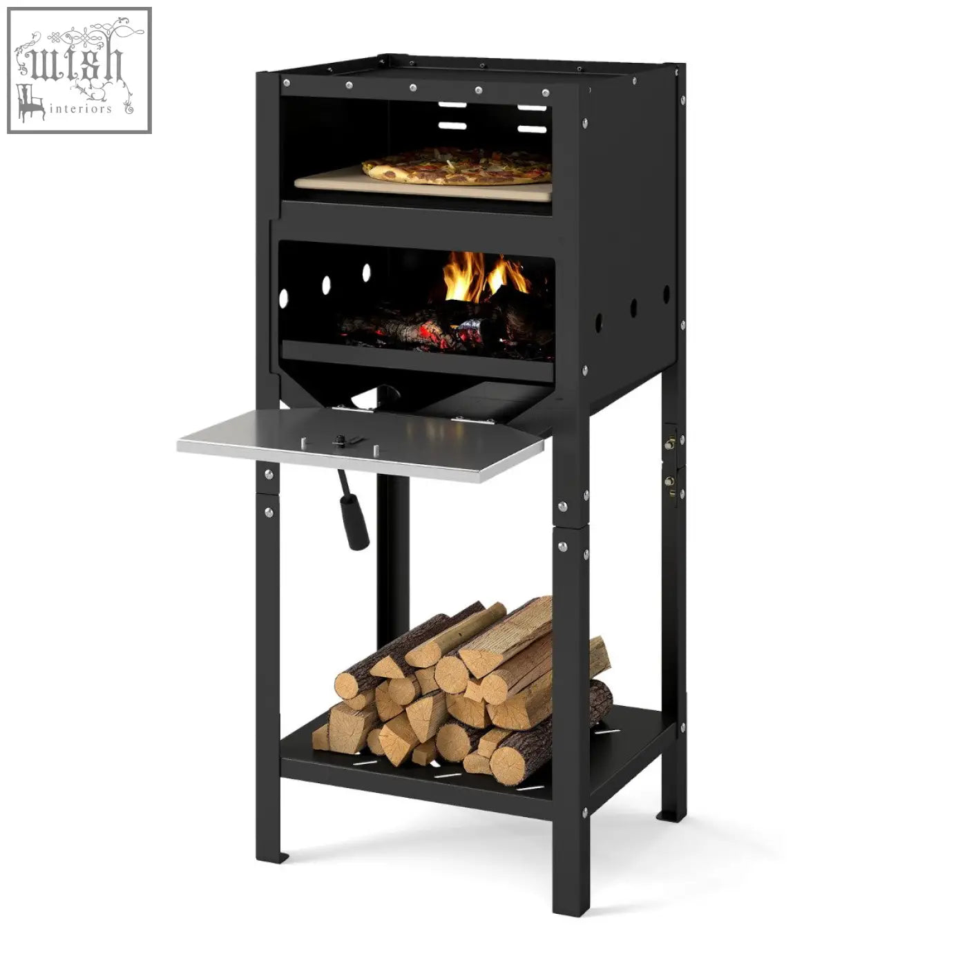Black metal outdoor pizza oven with fire burning inside and oxford cloth cover for outdoor pizza cooking