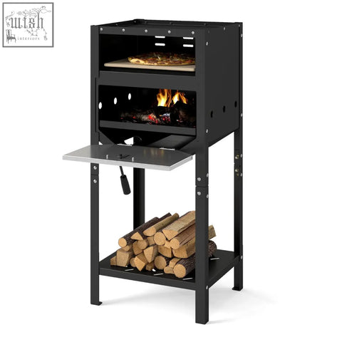 Black metal outdoor pizza oven with fire burning inside and oxford cloth cover for outdoor pizza cooking