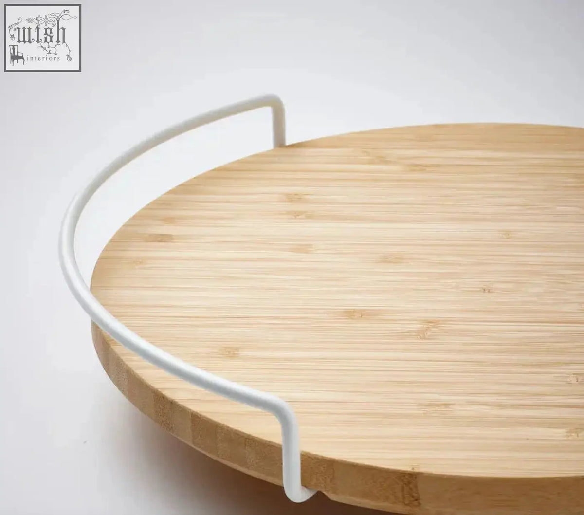 Circular bamboo lazy susan spice rack with white metal handle 30cm rotating wooden spice rack organizer
