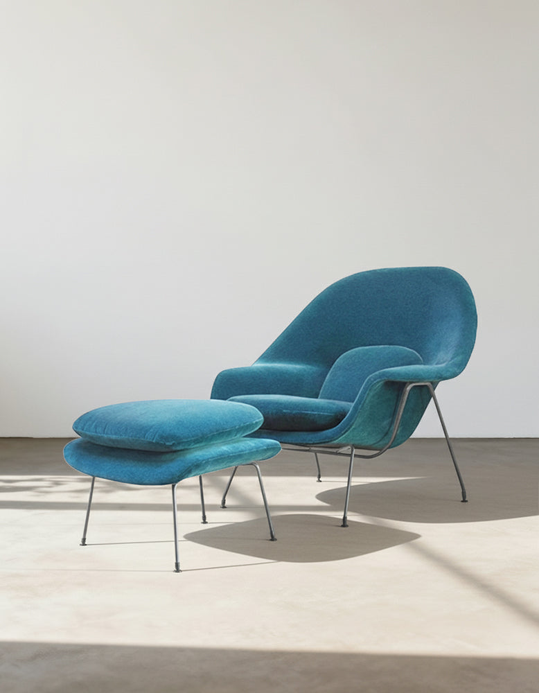 Classic Womb Chair & Ottoman, In Premium Velvet or Linen, Sky Blue