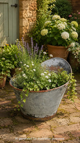 Vintage Galvanised Metal Bath Tub Garden Planter Vintage Rustic Display